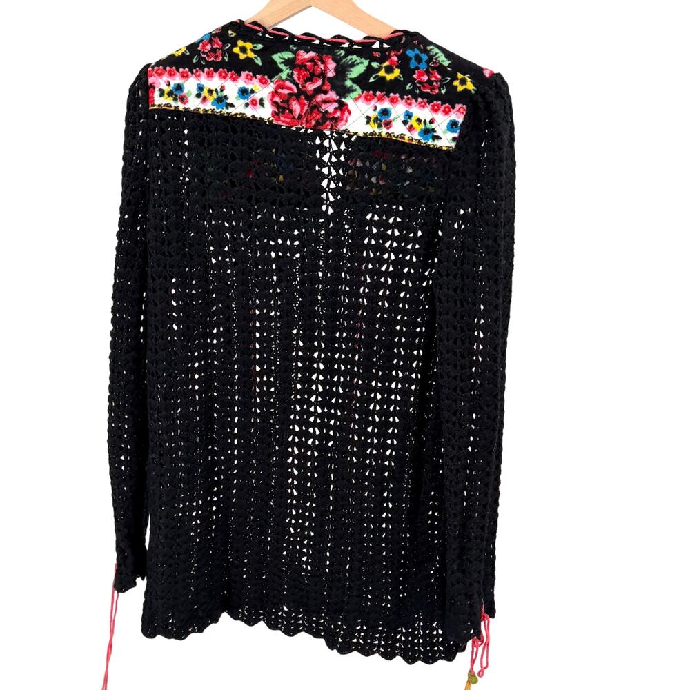Free People Black Crochet Floral Cottagecore Boho Lace Up Sweater Top - Picture 5 of 9